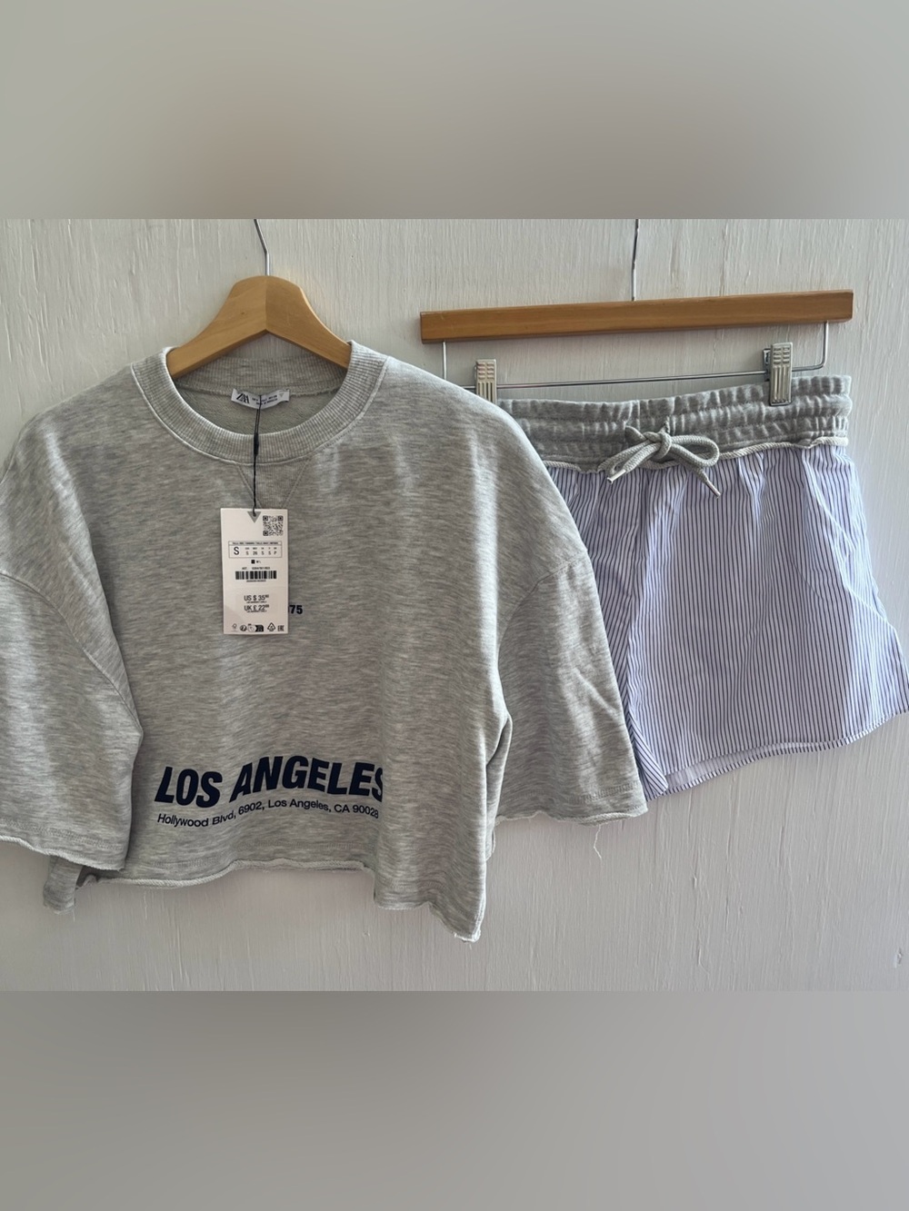 ZARA 2 Piece LOS ANGELES Sweatshirt & Shorts Set Gray/Navy Size S NWT
